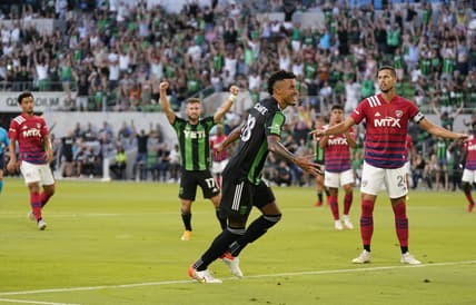 Aug 29, 2021; Austin, TX, USA; Austin FC defender Julio Cascante (18) reacts after scoring goal in first half against FC Dallas at Q2 Stadium. Mandatory Credit: Scott Wachter-USA TODAY Sports