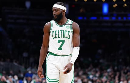 Mar 1, 2022; Boston, Massachusetts, USA; Boston Celtics guard Jaylen Brown (7) on the court against the Atlanta Hawks in the first quarter at TD Garden. Mandatory Credit: David Butler II-USA TODAY Sports
