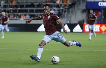 Mar 19, 2022; Houston, Texas, USA; Colorado Rapids midfielder Mark-Anthony Kaye (14) advances the ball during the second half against the Houston Dynamo FC at PNC Stadium. Mandatory Credit: Troy Taormina-USA TODAY Sports