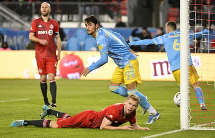 Apr 16, 2022; Toronto, Ontario, CAN;   Philadelphia Union forward Julian Carranza (9) celebrates after scoring against Toronto FC in the first half at BMO Field. Mandatory Credit: Dan Hamilton-USA TODAY Sports