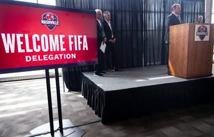 CONCACAF President and FIFA Vice President Victor Montagliani takes questions form the media during a press conference at Nissan Stadium Thursday, Sept. 16, 2021 in Nashville, Tenn. A 24-member visiting delegation from FIFA and CONCACAF spent the day in Nashville touring Nissan Stadium and viewing potential Fan Fest sites downtown as the city tries to become a host site for the FIFA World Cup in 2026.

Nas Fifa World Cup Visit 005