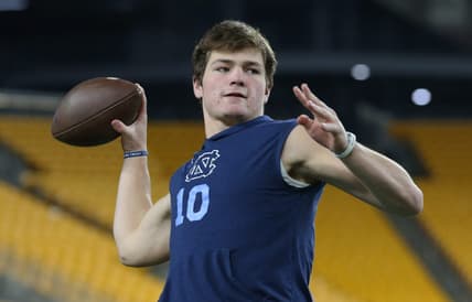 Nov 11, 2021; Pittsburgh, Pennsylvania, USA;  North Carolina Tar Heels quarterback Drake Maye (10) warms up before the game against the Pittsburgh Panthers at Heinz Field. Mandatory Credit: Charles LeClaire-USA TODAY Sports