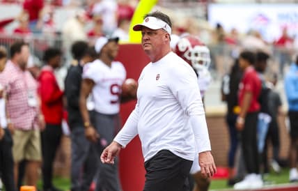 Apr 23, 2022; Norman, Oklahoma, USA;  Oklahoma Sooners receivers coach Cale Gundy during the spring game at Gaylord Family Oklahoma Memorial Stadium. Mandatory Credit: Kevin Jairaj-USA TODAY Sports