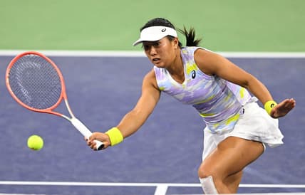 Mar 11, 2022; Indian Wells, CA, USA; Claire Liu (USA) hits a shot against Coco Gauff (not pictured) in her 2nd round match at the BNP Paribas Open at the Indian Wells Tennis Garden. Mandatory Credit: Jayne Kamin-Oncea-USA TODAY Sports