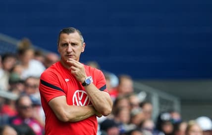 Sep 3, 2022; Kansas City, Kansas, USA; United States head coach Vlatko Andonovski watches the action during the first half against Nigeria at Children s Mercy Park. Mandatory Credit: Jay Biggerstaff-USA TODAY Sports