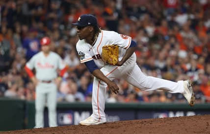 Oct 28, 2022; Houston, Texas, USA; Houston Astros relief pitcher Rafael Montero (47) throws a pitch against the Philadelphia Phillies during the eighth inning in game one of the 2022 World Series at Minute Maid Park. Mandatory Credit: Troy Taormina-USA TODAY Sports