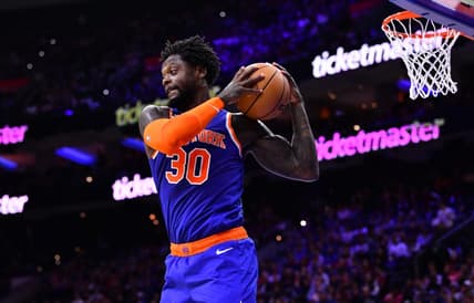 Nov 4, 2022; Philadelphia, Pennsylvania, USA; New York Knicks forward Julius Randle (30) secures a rebound against the Philadelphia 76ers in the fourth quarter at Wells Fargo Center. Mandatory Credit: Kyle Ross-USA TODAY Sports