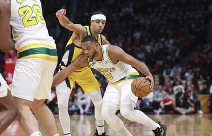 Nov 18, 2022; Houston, Texas, USA; Houston Rockets guard Eric Gordon (10) controls the ball as Indiana Pacers guard Andrew Nembhard (2) defends during the second quarter at Toyota Center. Mandatory Credit: Troy Taormina-USA TODAY Sports