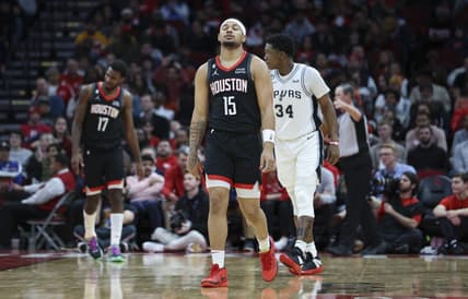 Dec 19, 2022; Houston, Texas, USA; Houston Rockets guard Daishen Nix (15) reacts after a play during the fourth quarter against the San Antonio Spurs at Toyota Center. Mandatory Credit: Troy Taormina-USA TODAY Sports