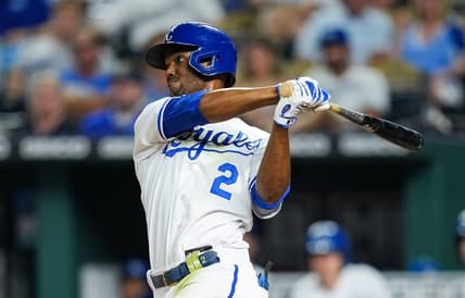 Sep 20, 2022; Kansas City, Missouri, USA; Kansas City Royals center fielder Michael A. Taylor (2) bats against the Minnesota Twins during the sixth inning at Kauffman Stadium. Mandatory Credit: Jay Biggerstaff-USA TODAY Sports