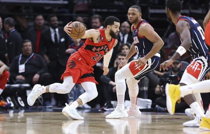 Feb 3, 2023; Houston, Texas, USA; Toronto Raptors guard Fred VanVleet (23) drives with the ball as Houston Rockets guard Eric Gordon (10) defends during the first quarter at Toyota Center. Mandatory Credit: Troy Taormina-USA TODAY Sports
