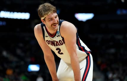 Mar 17, 2023; Denver, CO, USA; Gonzaga Bulldogs forward Drew Timme (2) reacts after a play during the first half against the Grand Canyon Antelopes at Ball Arena. Mandatory Credit: Ron Chenoy-USA TODAY Sports