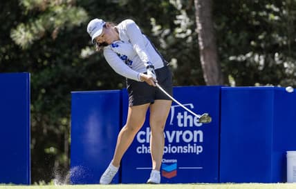 Apr 22, 2023; The Woodlands, Texas, USA; Allisen Corpuz (USA) hits off the 16th during the third round of The Chevron Championship golf tournament. Mandatory Credit: Thomas Shea-USA TODAY Sports
