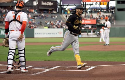 May 30, 2023; San Francisco, California, USA; Pittsburgh Pirates first baseman Connor Joe (2) comes home after hitting a solo home run against the San Francisco Giants during the first inning at Oracle Park. Mandatory Credit: D. Ross Cameron-USA TODAY Sports