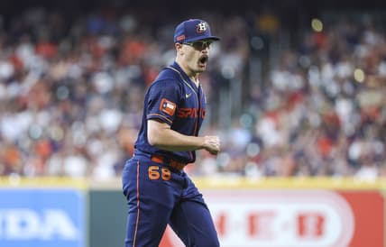 May 29, 2023; Houston, Texas, USA; Houston Astros starting pitcher J.P. France (68) reacts after a play during the second inning against the Minnesota Twins at Minute Maid Park. Mandatory Credit: Troy Taormina-USA TODAY Sports