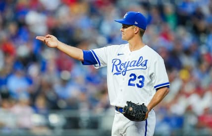 Jun 12, 2023; Kansas City, Missouri, USA; Kansas City Royals starting pitcher Zack Greinke (23) reacts during the fifth inning against the Cincinnati Reds at Kauffman Stadium. Mandatory Credit: Jay Biggerstaff-USA TODAY Sports