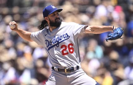 Aug 7, 2023; San Diego, California, USA; Los Angeles Dodgers starting pitcher Tony Gonsolin (26) throws a pitch against the San Diego Padres during the first inning at Petco Park. Mandatory Credit: Orlando Ramirez-USA TODAY Sports