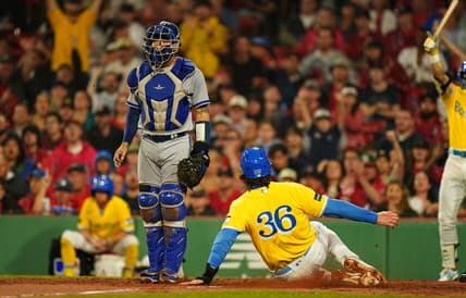 Aug 10, 2023; Boston, Massachusetts, USA; Boston Red Sox first baseman Triston Casas (36) scores on a sacrifice out by right fielder Alex Verdugo (99) (not pictured) against the Kansas City Royals in the fourth inning at Fenway Park. Mandatory Credit: David Butler II-USA TODAY Sports