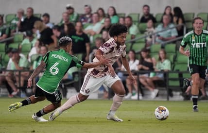 Sep 17, 2023; Austin, Texas, USA; Portland Timbers midfielder Evander (20) dribbles against Austin FC midfielder Daniel Pereira (6) during the second half at Q2 Stadium. Mandatory Credit: Scott Wachter-USA TODAY Sports