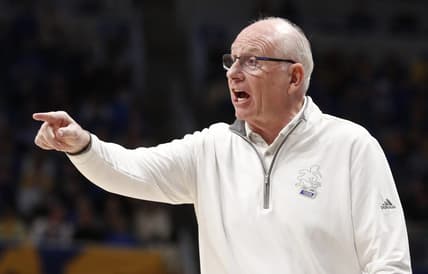 Jan 28, 2023; Pittsburgh, Pennsylvania, USA; Miami (Fl) Hurricanes head coach Jim Larra aga reacts on the sidelines against the Pittsburgh Panthers during the first half at the Petersen Events Center. Mandatory Credit: Charles LeClaire-USA TODAY Sports