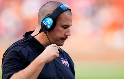 Oct 28, 2023; Auburn, Alabama, USA; Mississippi State Bulldogs head coach Zach Arnett reacts after a failed series of down against the Auburn Tigers during the second half at Jordan-Hare Stadium. Mandatory Credit: John David Mercer-USA TODAY Sports