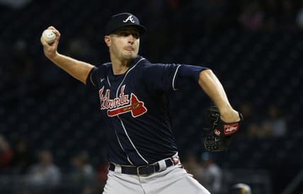 Aug 22, 2022; Pittsburgh, Pennsylvania, USA; Atlanta Braves starting pitcher Jake Odorizzi (12) delivers a pitch against the Pittsburgh Pirates during the first inning at PNC Park. Mandatory Credit: Charles LeClaire-USA TODAY Sports