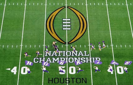 Jan 8, 2024; Houston, TX, USA; A general view as the Washington Huskies take the field before to the 2024 College Football Playoff national championship game at NRG Stadium. Mandatory Credit: James Lang-USA TODAY Sports