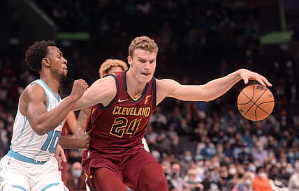 Nov 1, 2021; Charlotte, North Carolina, USA; Cleveland Cavaliers forward Lauri Markkanen (24) drives past Charlotte Hornets guard Ish Smith (10) during the first half at the Spectrum Center. Mandatory Credit: Sam Sharpe-USA TODAY Sports