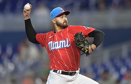 Jun 4, 2022; Miami, Florida, USA; Miami Marlins starting pitcher Pablo Lopez (49) delivers during the first inning against the San Francisco Giants at loanDepot Park. Mandatory Credit: Jim Rassol-USA TODAY Sports