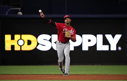 Aug 3, 2022; Miami, Florida, USA; Cincinnati Reds shortstop Jose Barrero (2) throws out Miami Marlins shortstop Miguel Rojas (not pictured) in the seventh inning at loanDepot Park. Mandatory Credit: Jasen Vinlove-USA TODAY Sports