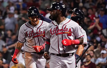 Aug 10, 2022; Boston, Massachusetts, USA; Atlanta Braves shortstop Vaughn Grissom (18) is congratulated after hitting a two run home run against the Boston Red Sox in the seventh inning at Fenway Park. Mandatory Credit: David Butler II-USA TODAY Sports