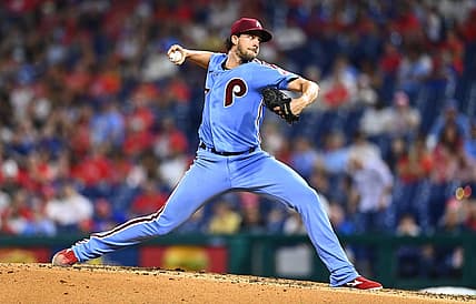 Aug 25, 2022; Philadelphia, Pennsylvania, USA; Philadelphia Phillies pitcher Aaron Nola (27) throws a pitch against the Cincinnati Reds in the fifth inning at Citizens Bank Park. Mandatory Credit: Kyle Ross-USA TODAY Sports