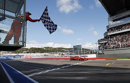 Formula One F1 - Russian Grand Prix - Sochi Autodrom, Sochi, Russia - September 29, 2019 Ferrari's Charles Leclerc crosses the finish line. Yuri Kochetkov/Pool via REUTERS