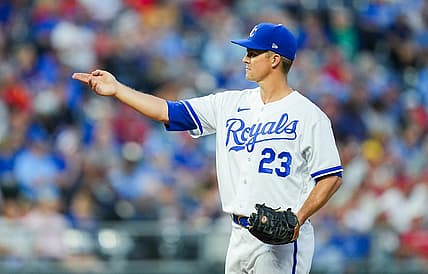 Jun 12, 2023; Kansas City, Missouri, USA; Kansas City Royals starting pitcher Zack Greinke (23) reacts during the fifth inning against the Cincinnati Reds at Kauffman Stadium. Mandatory Credit: Jay Biggerstaff-USA TODAY Sports