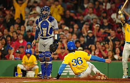 Aug 10, 2023; Boston, Massachusetts, USA; Boston Red Sox first baseman Triston Casas (36) scores on a sacrifice out by right fielder Alex Verdugo (99) (not pictured) against the Kansas City Royals in the fourth inning at Fenway Park. Mandatory Credit: David Butler II-USA TODAY Sports