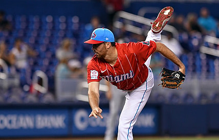Jun 26, 2021; Miami, Florida, USA; Miami Marlins pitcher Zach Thompson (74) pitches in the second inning against the Washington Nationals at loanDepot Park. Mandatory Credit: Jim Rassol-USA TODAY Sports