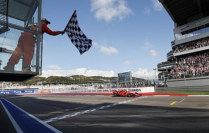 Formula One F1 - Russian Grand Prix - Sochi Autodrom, Sochi, Russia - September 29, 2019 Ferrari's Charles Leclerc crosses the finish line. Yuri Kochetkov/Pool via REUTERS