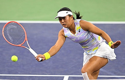 Mar 11, 2022; Indian Wells, CA, USA; Claire Liu (USA) hits a shot against Coco Gauff (not pictured) in her 2nd round match at the BNP Paribas Open at the Indian Wells Tennis Garden. Mandatory Credit: Jayne Kamin-Oncea-USA TODAY Sports