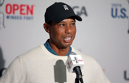 Sep 18, 2020; Mamaroneck, New York, USA; Tiger Woods talks to reporters following his second round of the U.S. Open golf tournament at Winged Foot Golf Club - West. Mandatory Credit: Brad Penner-USA TODAY Sports