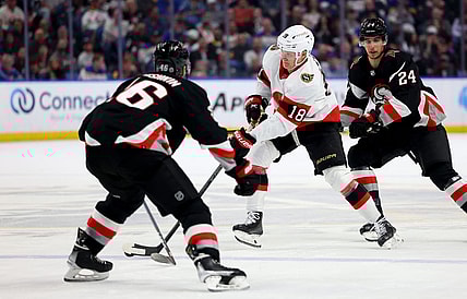 Apr 13, 2023; Buffalo, New York, USA;  Ottawa Senators left wing Tim St  tzle (18) skates with the puck as Buffalo Sabres defenseman Ilya Lyubushkin (46) defends during the first period at KeyBank Center. Mandatory Credit: Timothy T. Ludwig-USA TODAY Sports