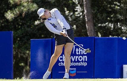Apr 22, 2023; The Woodlands, Texas, USA; Allisen Corpuz (USA) hits off the 16th during the third round of The Chevron Championship golf tournament. Mandatory Credit: Thomas Shea-USA TODAY Sports
