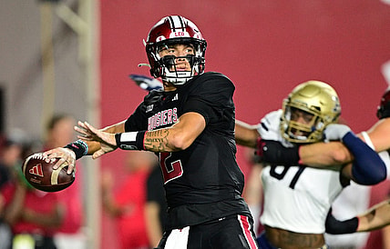 Sep 23, 2023; Bloomington, Indiana, USA; Indiana Hoosiers quarterback Tayven Jackson (2) throws a pass during the first quarter of the game against the Akron Zips at Memorial Stadium. Mandatory Credit: Marc Lebryk-USA TODAY Sports