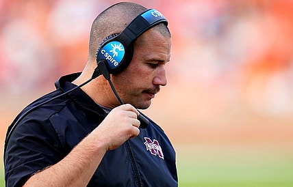 Oct 28, 2023; Auburn, Alabama, USA; Mississippi State Bulldogs head coach Zach Arnett reacts after a failed series of down against the Auburn Tigers during the second half at Jordan-Hare Stadium. Mandatory Credit: John David Mercer-USA TODAY Sports
