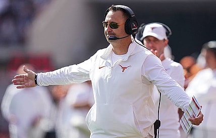 Texas Longhorns head coach Steve Sarkisian celebrates a score against Kansas State Wildcats in the second half of an NCAA college football game, Saturday, November. 4, 2023, in Austin, Texas. Texas Longhorns beat Kansas State Wildcats 33-30 in overtime.