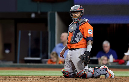 Oct 19, 2023; Arlington, Texas, USA; Houston Astros catcher Martin Maldonado (15) during the eighth inning in game four of the ALCS against the Texas Rangers for the 2023 MLB playoffs at Globe Life Field. Mandatory Credit: Andrew Dieb-USA TODAY Sports