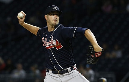 Aug 22, 2022; Pittsburgh, Pennsylvania, USA; Atlanta Braves starting pitcher Jake Odorizzi (12) delivers a pitch against the Pittsburgh Pirates during the first inning at PNC Park. Mandatory Credit: Charles LeClaire-USA TODAY Sports