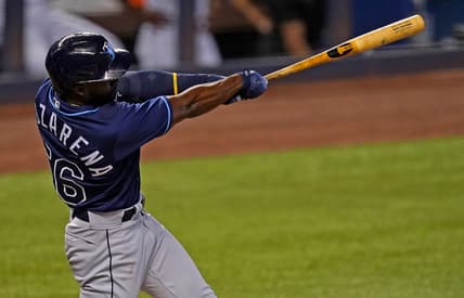 Apr 1, 2021; Miami, Florida, USA; Tampa Bay Rays right fielder Randy Arozarena (56) singles in the 1st inning against the Miami Marlins at loanDepot park. Mandatory Credit: Jasen Vinlove-USA TODAY Sports