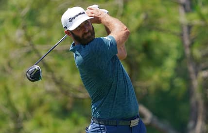 Apr 30, 2021; Palm Harbor, Florida, USA; Dustin Johnson tees off on the 6th hole during the second round of the Valspar Championship golf tournament. Mandatory Credit: Jasen Vinlove-USA TODAY Sports