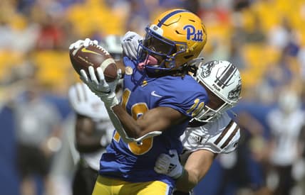 Sep 18, 2021; Pittsburgh, Pennsylvania, USA; Pittsburgh Panthers wide receiver Jaylon Barden (10) makes a catch against Western Michigan Broncos safety Ryan Kilburg (rear) during the second quarter at Heinz Field. Mandatory Credit: Charles LeClaire-USA TODAY Sports