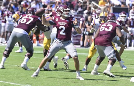 Sep 25, 2021; Starkville, Mississippi, USA; Mississippi State Bulldogs quarterback Will Rogers (2) makes a pass against the LSU Tigers during the fourth quarter at Davis Wade Stadium at Scott Field. Mandatory Credit: Matt Bush-USA TODAY Sports